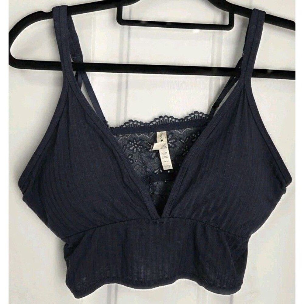 Lucky navy blue, ribbed bralette or crop top with lace detailing - Size XL
